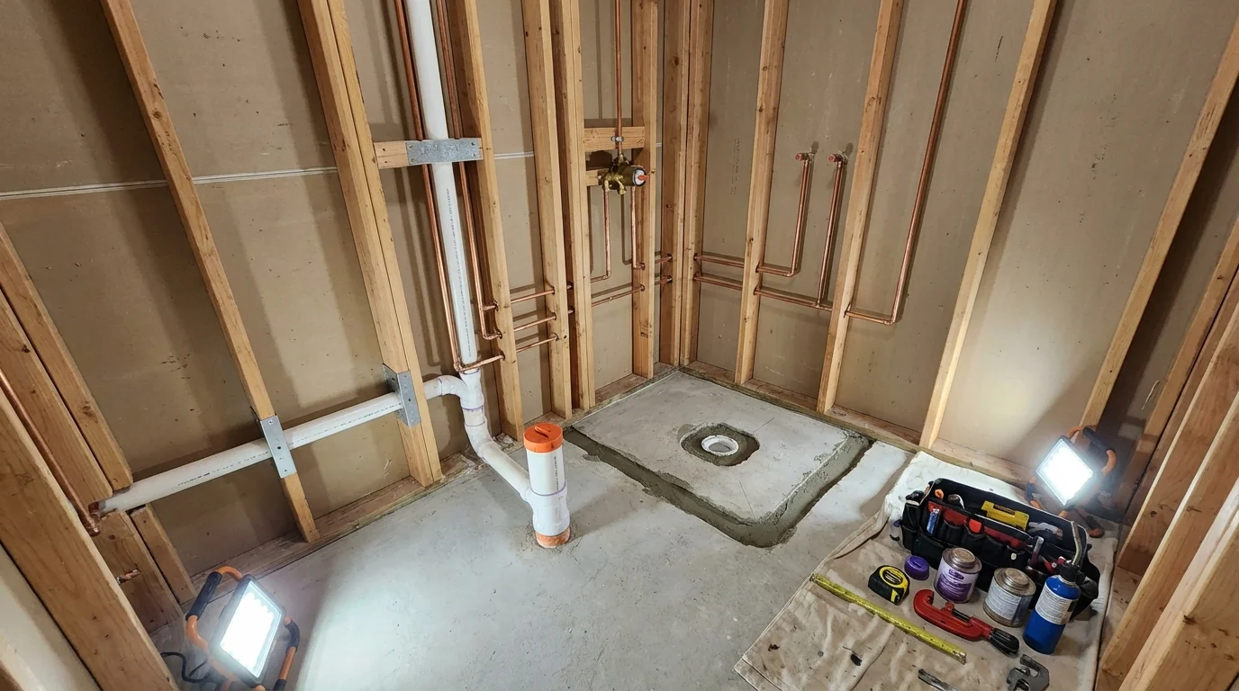 Bathroom rough-in plumbing during remodel by Johns Plumbing LLC in Gardena