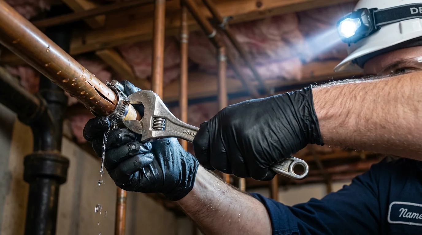 Emergency pipe clamp repair being performed by a Johns Plumbing LLC plumber in Gardena